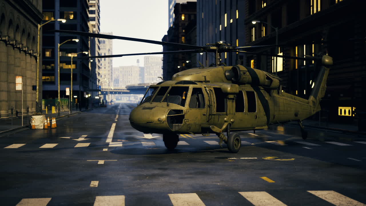Military helicopter lands in urban environment during daylight