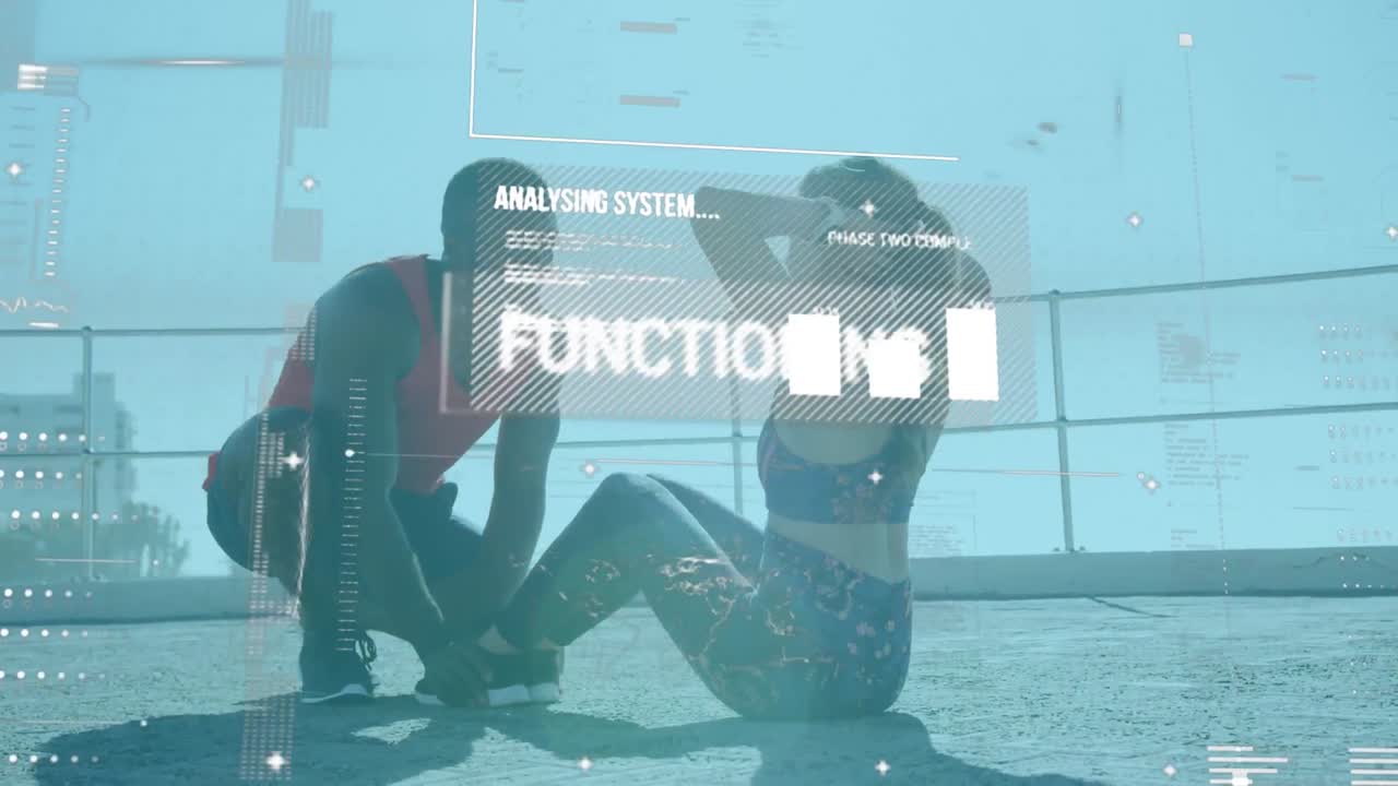 디지털 인터페이스와 데이터 처리 여성이 앉아서 운동을 하는 것에 대해