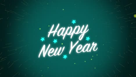 animated motion graphics white happy new year celebration with light stars and fireworks alpha looping particle glow visual effect text title background 4k teal aqua