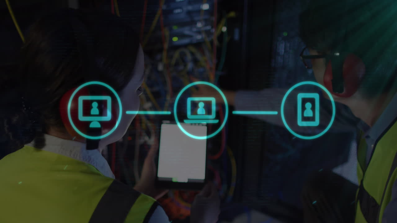 다양한 남녀 아이콘의 애니메이션 컴퓨터 서버에 의해 태블릿으로 엔지니어