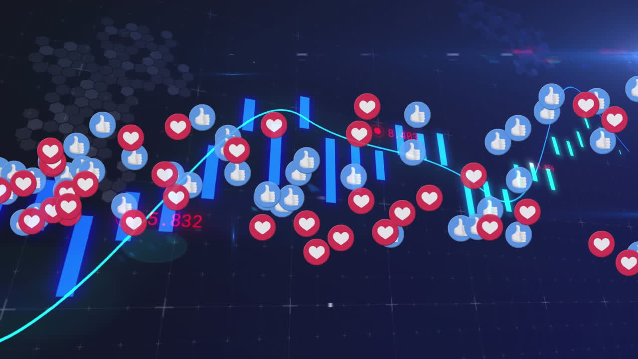 animación de línea con procesamiento de datos financieros con iconos de redes sociales como y amor
