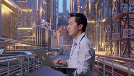 side view of an asian male professional worker standing at a vast oil refinery, observes by looking up before he come to concentrating on the laptop and keep on typing