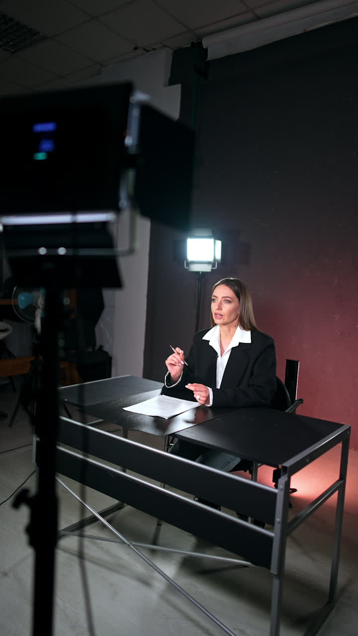 Beautiful Caucasian lady with long brunette hair in black jacket sits at desk in studio. Soffits are directed on the female blogger. Vertical video.