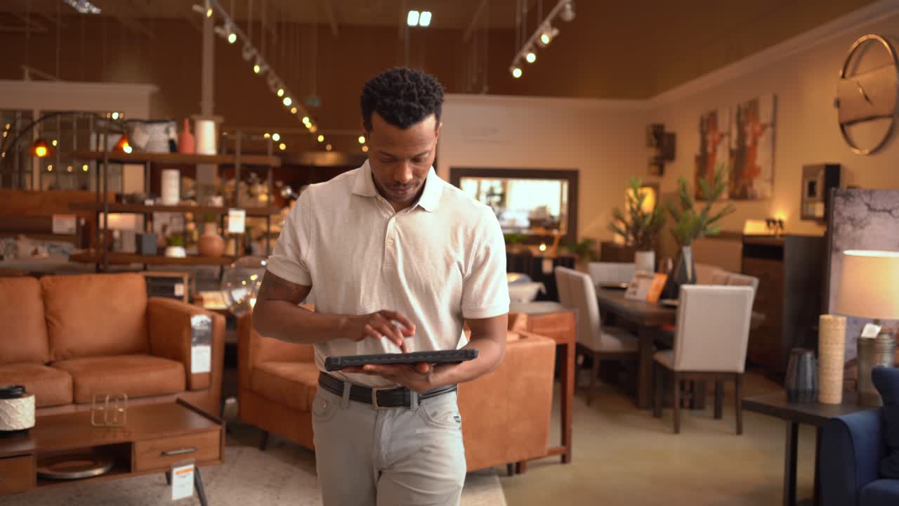 Homem Afro-Americano Energético Sorrindo e Usando Tablet em Loja de Móveis Caminhando em Direção à Câmera