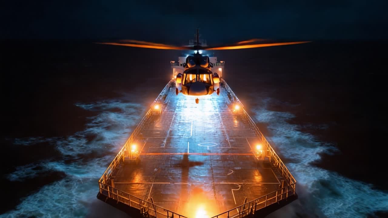 Helicopter hovers over dark sea at night. Lights glow warmly against black water. Deck shines under aircraft's powerful beams. Waves crash around vessel's edges