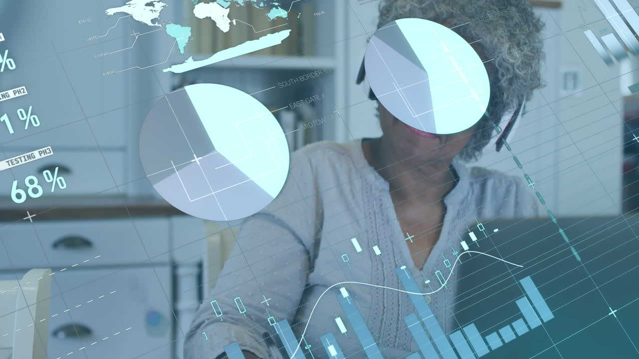 Animation of financial data processing over senior african american woman using laptop