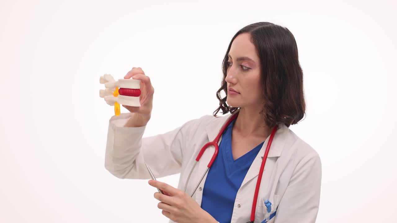 Médica explicando a anatomia da coluna vertebral com um modelo