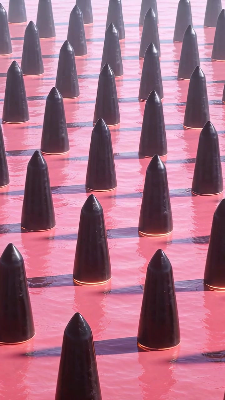 Vertical video: Panning camera revealing glossy black cone studs on pink base, showing grid