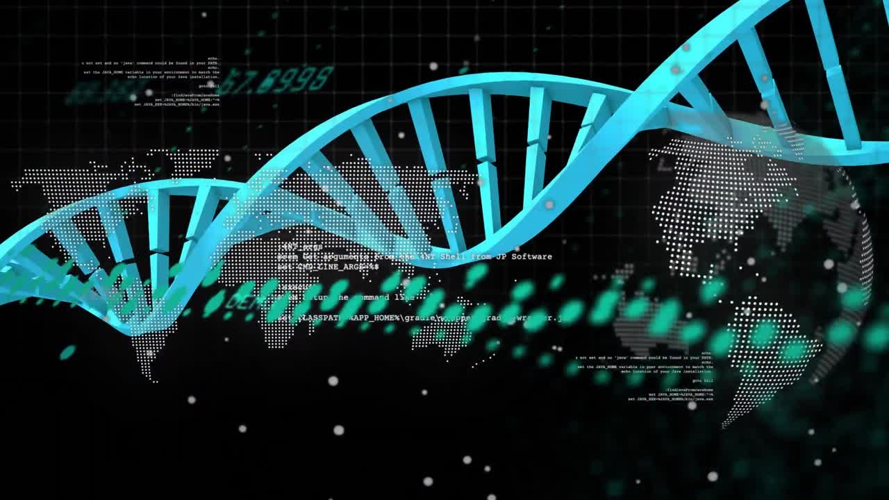 Animation of data processing and dna strand over world map and globe on black background