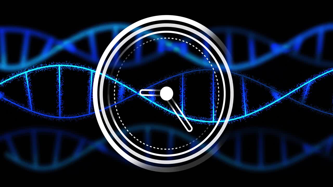 검은색 배경에 있는 dna 가닥 위로 움직이는 시계의 애니메이션