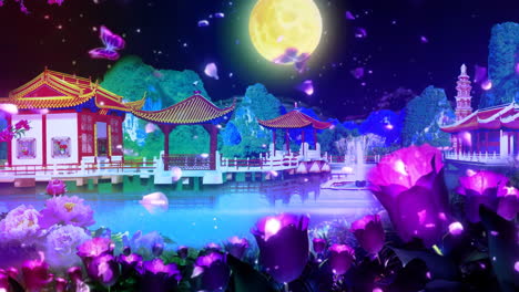 Estanque-De-Flores-De-Loto-En-Una-Noche-Iluminada-Por-La-Luna-Antiguo-Paisaje-Tradicional-Chino-Japonés-Pintura-En-Tinta-De-Hermosos-árboles-Tranquilos,-Montañas,-Flores,-Lago,-Agua,-Pájaros,-Cielo-Azul,-Barco,-Temporada-De-Cerezas