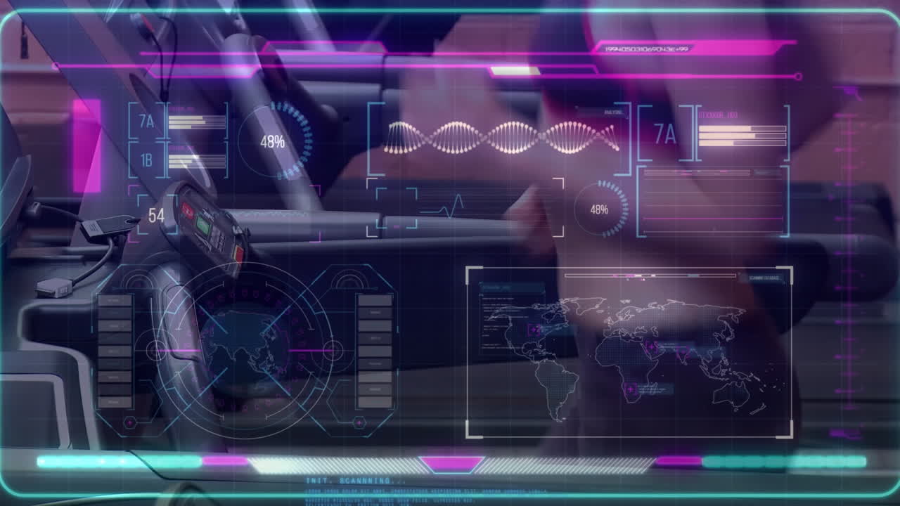 Animation of glowing interface processing data over woman running on treadmill