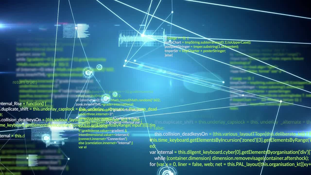 White nodes clustering initiating code blocks and data bar graphs growing showing network expansion
