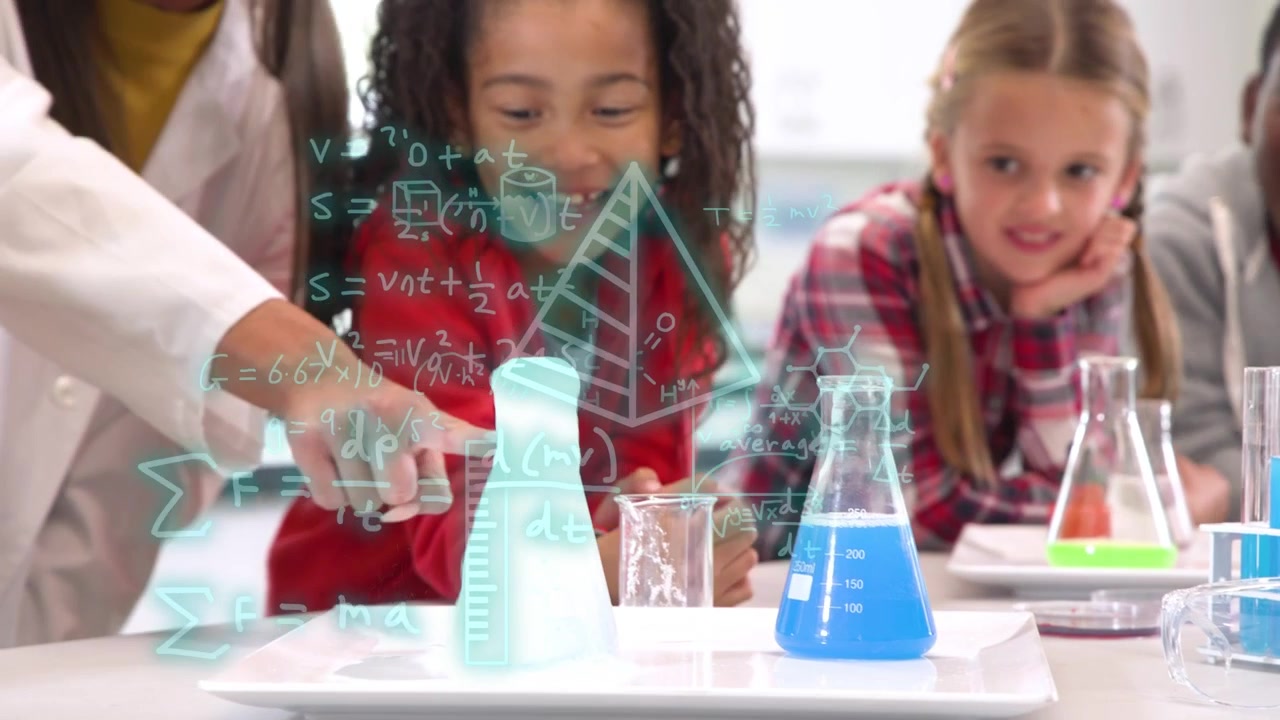 Teacher pouring reagent in lab to teach, foam rising, girl reaching, animated graphics around foam