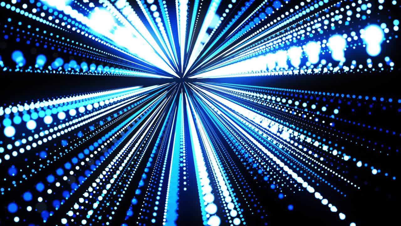 abstract 3d loop background with glowing particles lined up in rows in 3d space. Festive vj loop with blue particles and smooth animated camera. Motion design background
