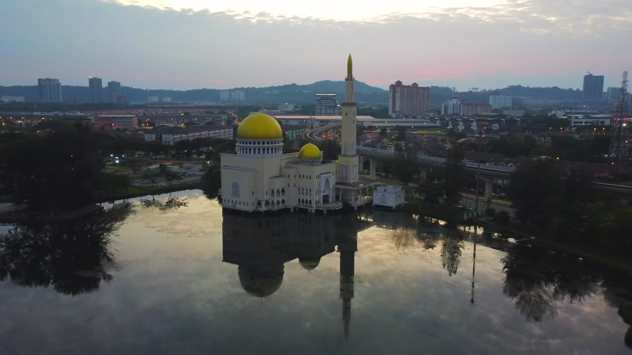 Puchong As-Salam Mosque sunrise Aerial footage