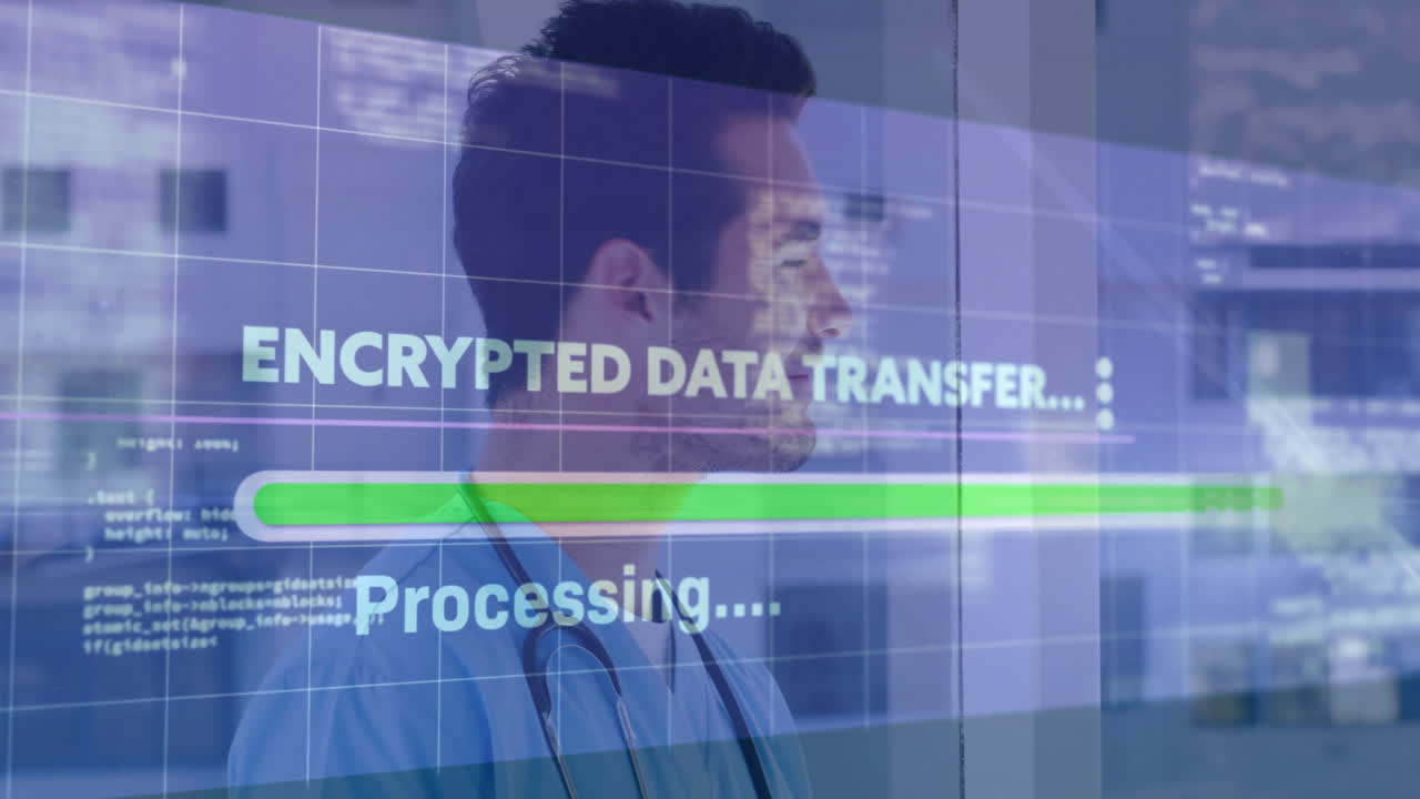 Transferring and processing encrypted data animation, medical professional working in hospital
