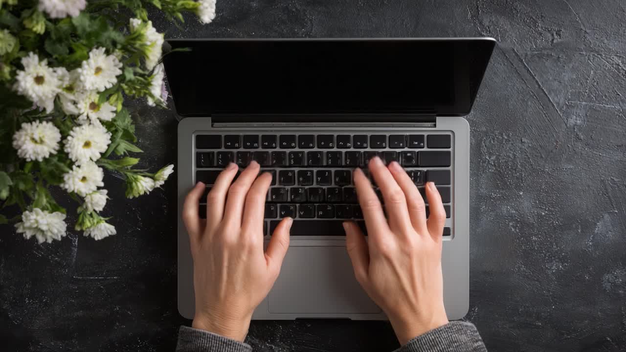 A Close-Up View of Hands Typing on a Laptop Surrounded by a Beautiful Arrangement of Flowers, Capturing the Essence of Productivity and Nature's Serenity