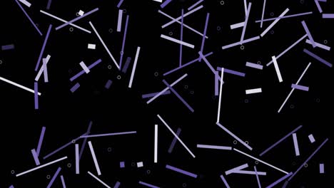 animazione di linee e cerchi viola e bianchi che volano su sfondo nero