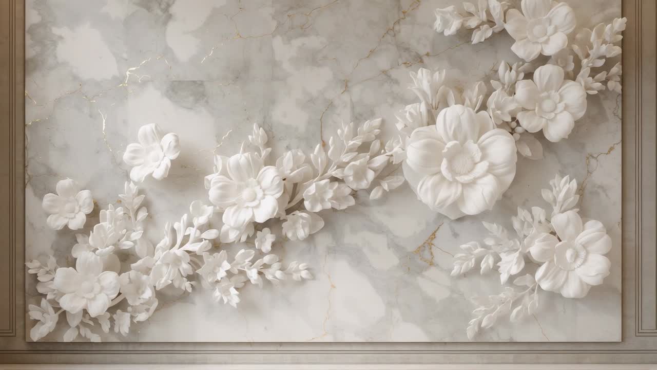 Starting camera pan capturing floral relief sculpture on gallery wall panel revealing bloom details
