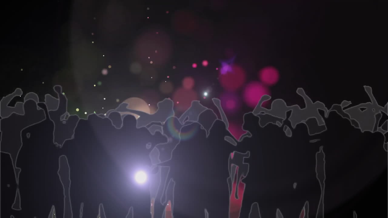 Silhouetted crowd dancing under spotlights and lens flares, projecting flat design nightclub scene