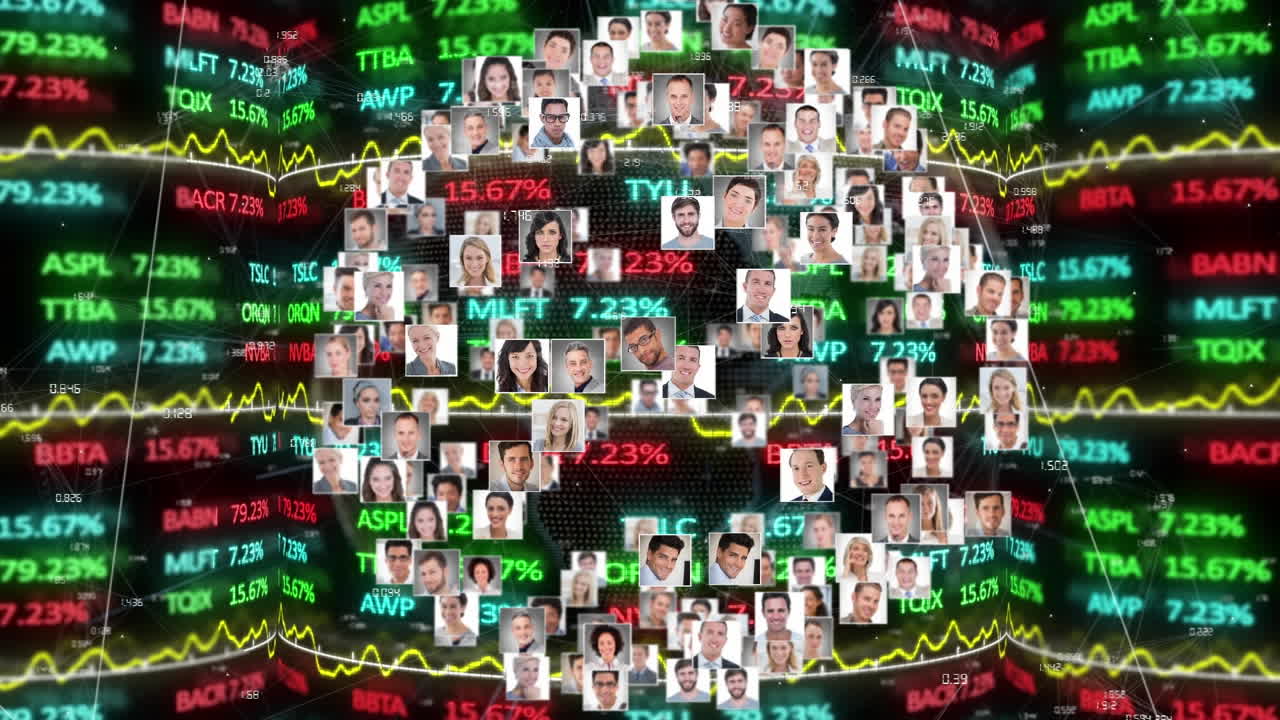 animación del procesamiento de datos y los iconos de personas sobre fondo negro