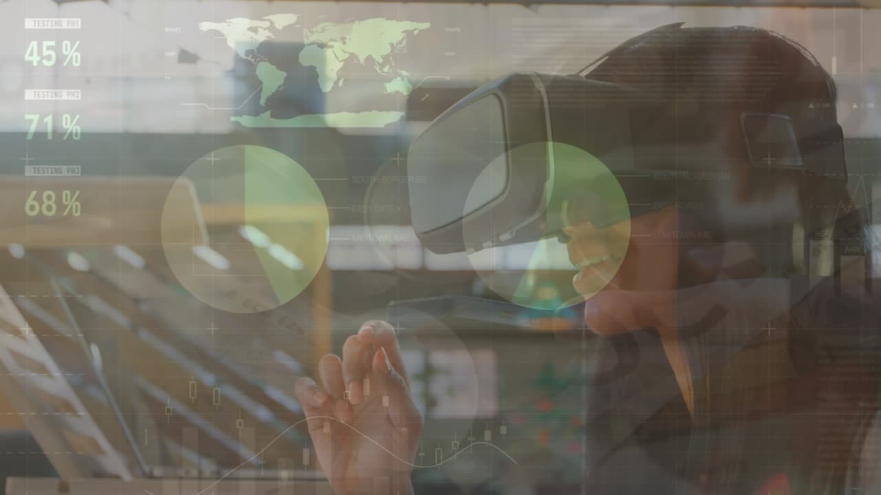 Animazione di grafici e dati finanziari sovrapposti a una donna caucasica con visore VR