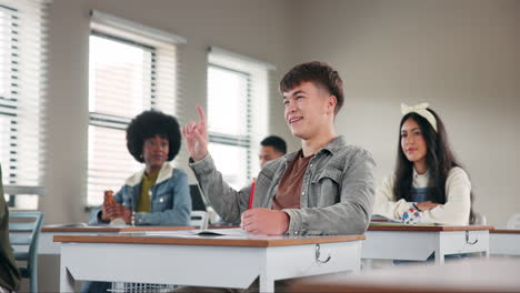 students in a classroom raising their hands