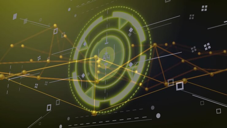 Riproduzione che avvia un HUD circolare e luminoso che ruota mentre nodi dorati si rimodellano per mostrare il flusso di rete