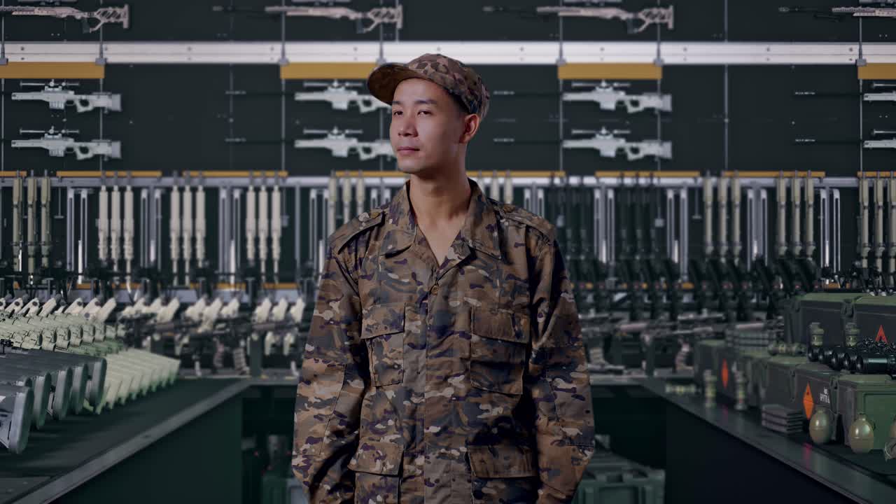 武器庫を見回すアジア人男性兵士