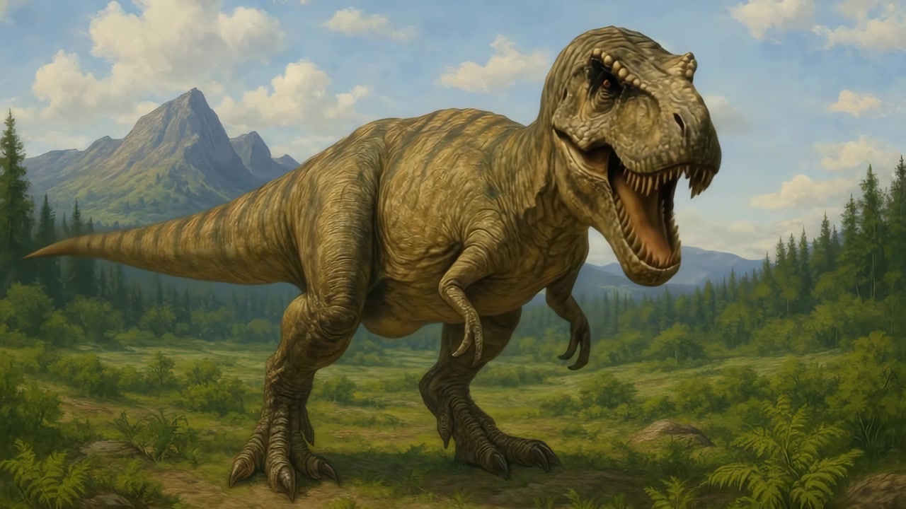 Tirannosauro Rex che ruggisce e cammina in un paesaggio preistorico