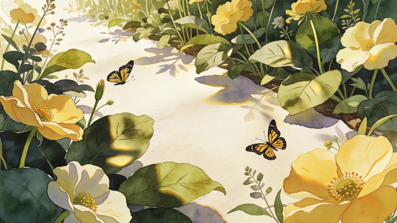 Arriving yellow-black butterflies crossing sunlit garden path, feeding on yellow flowers for nectar