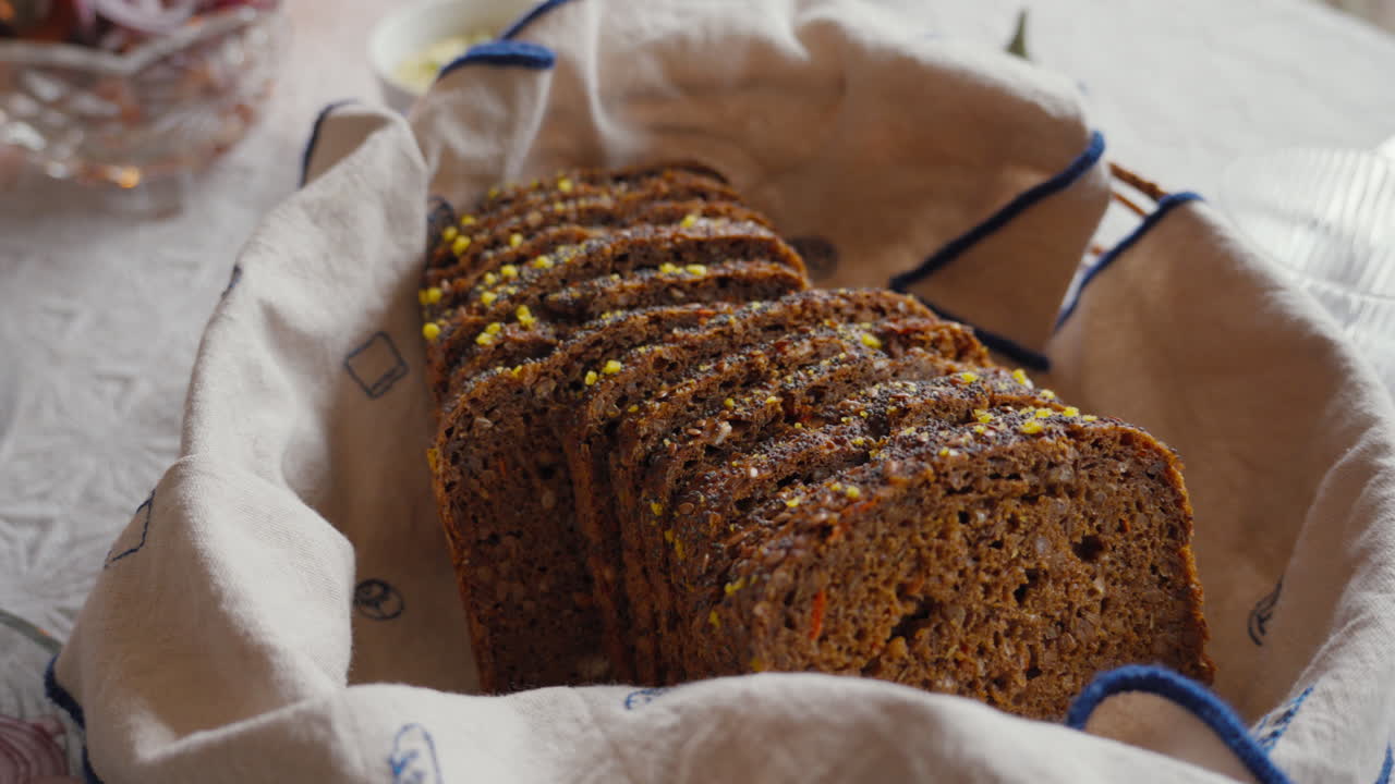 Sliced rye bread in rustic basket. Perfect for culinary projects and bakery promotions