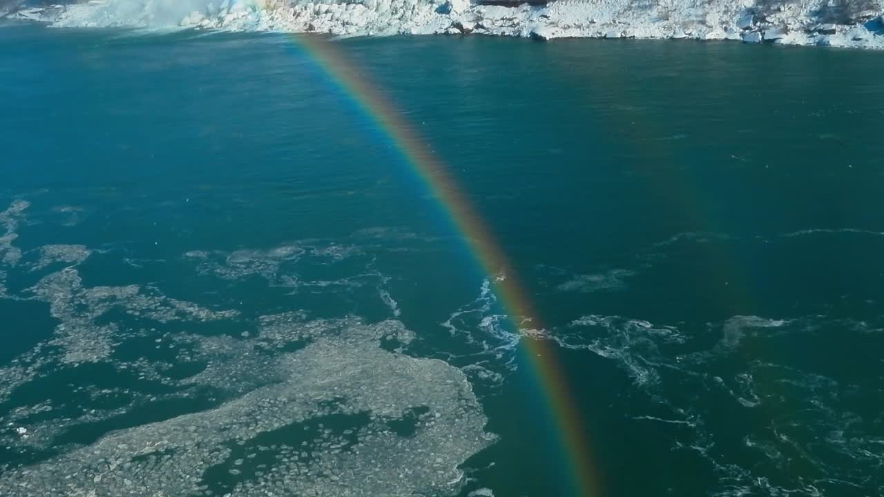 agua congelada que fluye durante el invierno con arco iris en primer plano