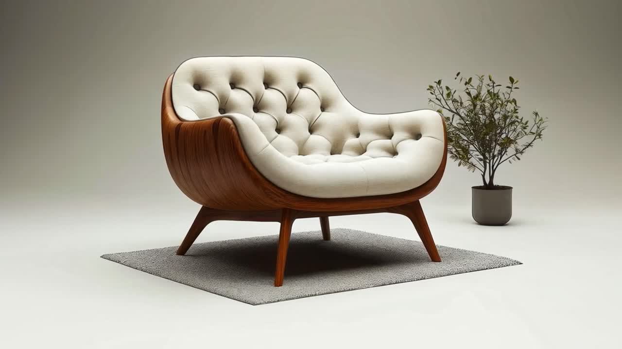 Poltrona moderna in legno con cuscino capitonnè e pianta in vaso