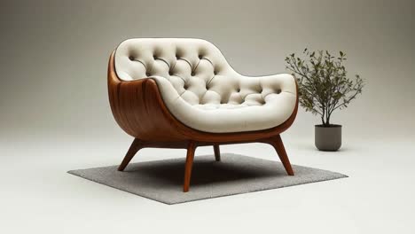 modern wooden armchair with tufted cushion and potted plant