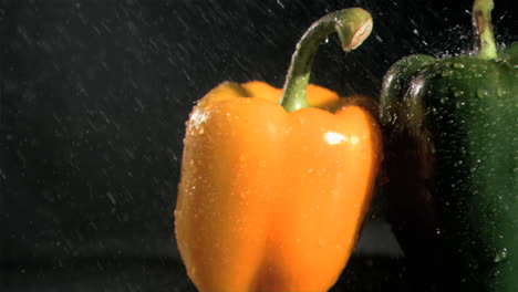 gotas de lluvia en cámara súper lenta cayendo sobre los pimientos