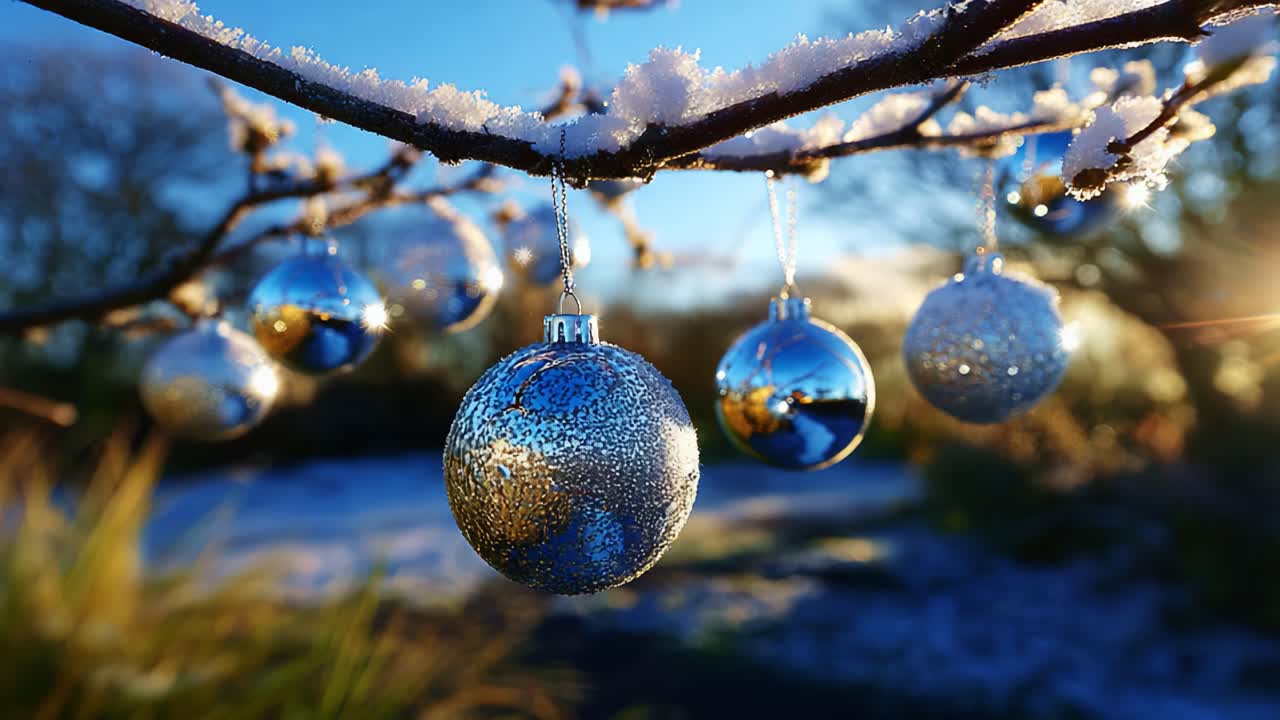 A Beautiful Winter Scene Showcasing Elegant Christmas Ornaments Hanging Delicately from a Snow-Covered Branch, Enhancing the Festive Atmosphere with Sparkling Reflections and Glorious Winter Light