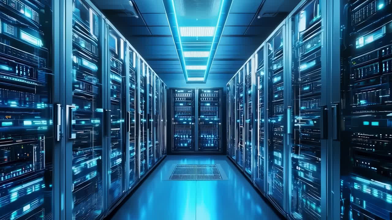 Modern interior server room data center. Cloud computing data datacenter server panels in a server room of a data center with security scanner. Connection and cyber network