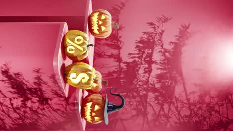 exhibición temática de halloween con calabazas talladas en plataformas, una con un sombrero de bruja y otras con signos de porcentaje y dólar, sombras de ramas en un fondo rojo vertical