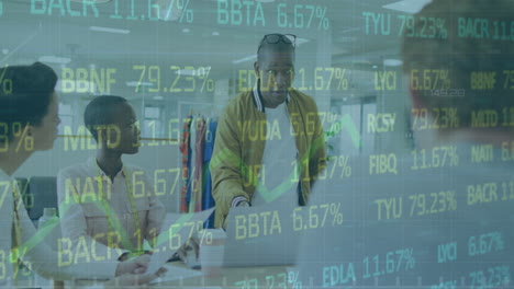 animation of trading board and graph over diverse coworkers discussing report on laptop in office