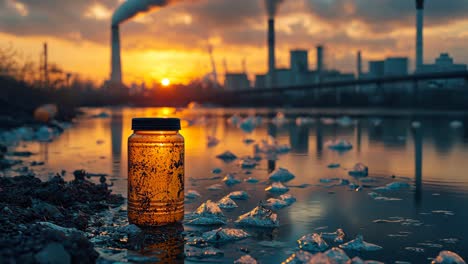 pollution and industrial waste at sunset near a river