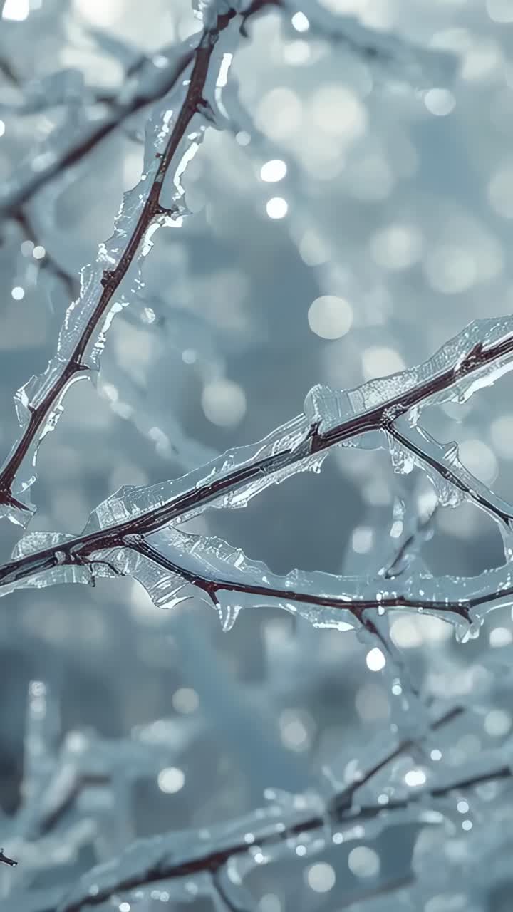 Vertical video: Showing iced thin branch dripping as light shifting in park, icicles and bokeh