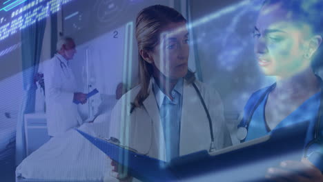 doctors discussing patient charts with medical data processing animation overlay