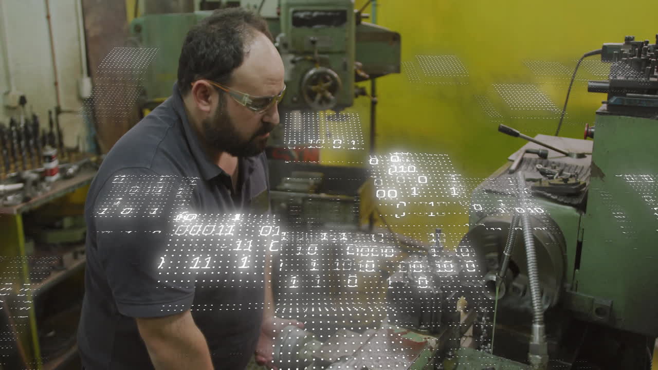 Technician operating metal lathe in industrial workshop, showcasing floating binary code overlay