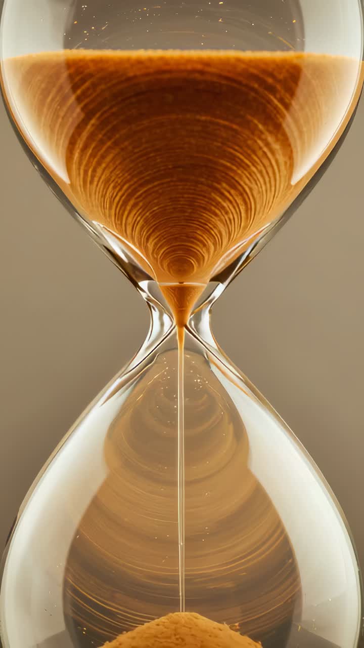 Vertical video: Flowing hourglass showing brown sand flowing under gravity in studio forming vortex