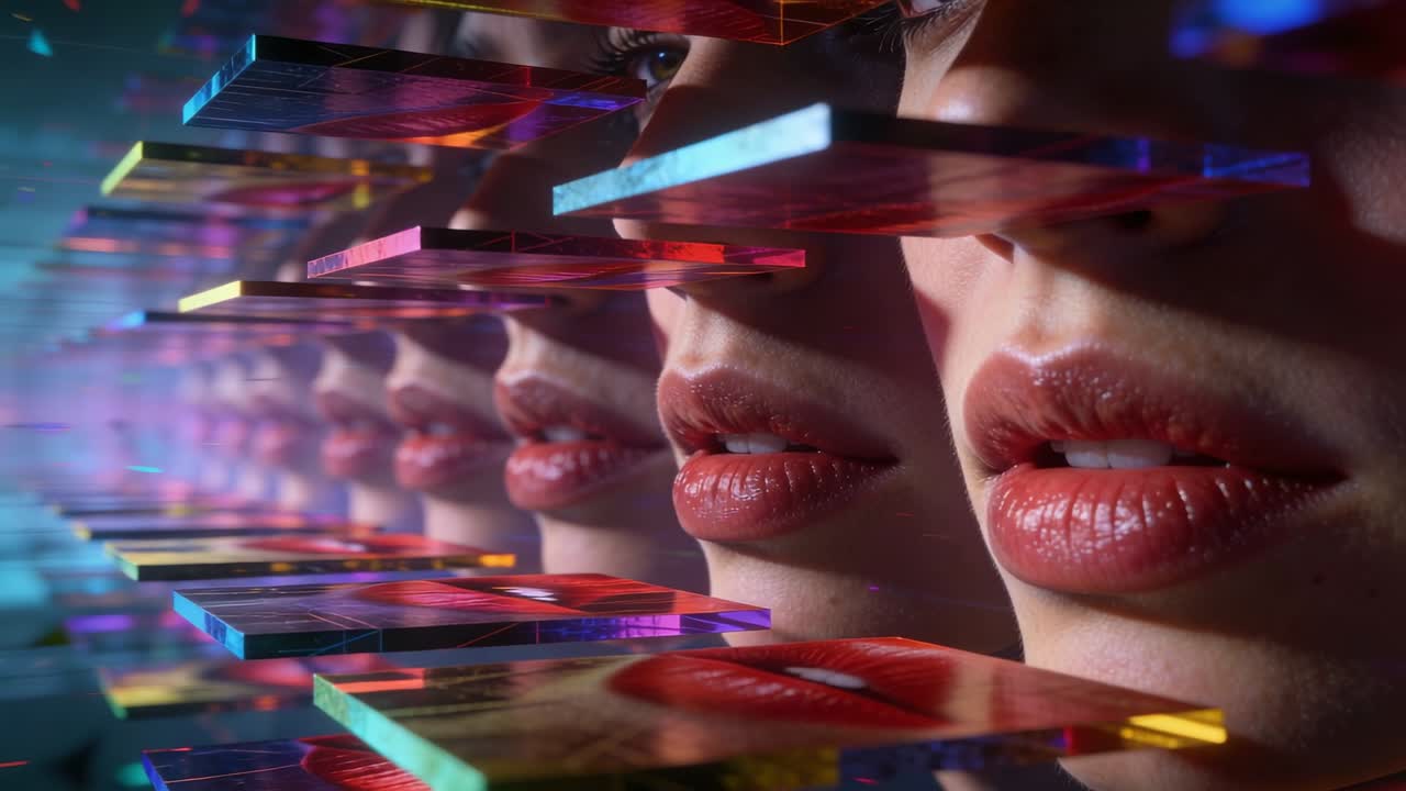 Sich verschiebende transluzente Paneele erzeugen geschichtete Lippenreflexionen im Studio, die glänzenden roten Lippenstift zeigen.