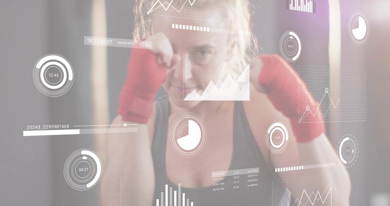 female athlete punching with red wraps in gym corner, HUD overlay appearing and tracking power