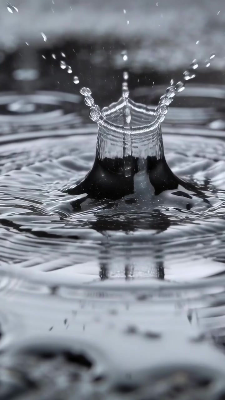 Vertical video: Striking droplet creating jet, crown, satellite drops and spreading ripples in pool