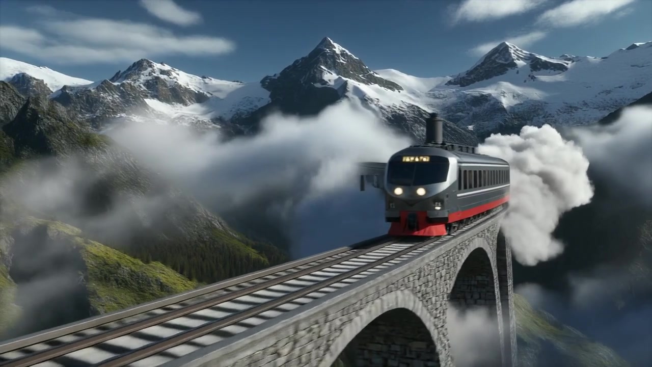 Treno Passeggeri Moderno che Attraversa un Viadotto Montano Panoramico